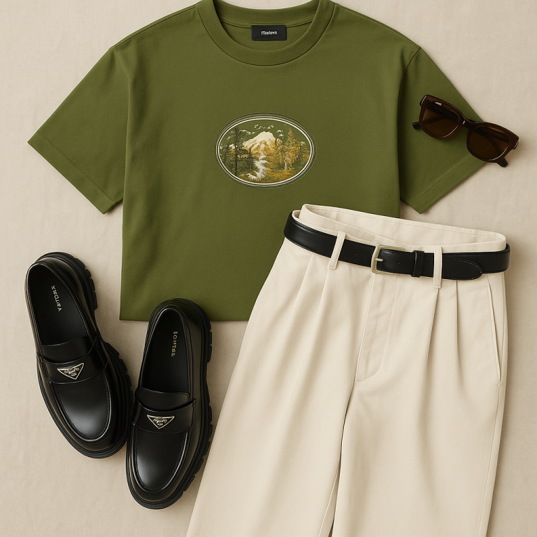 “green graphic t-shirt outfit”