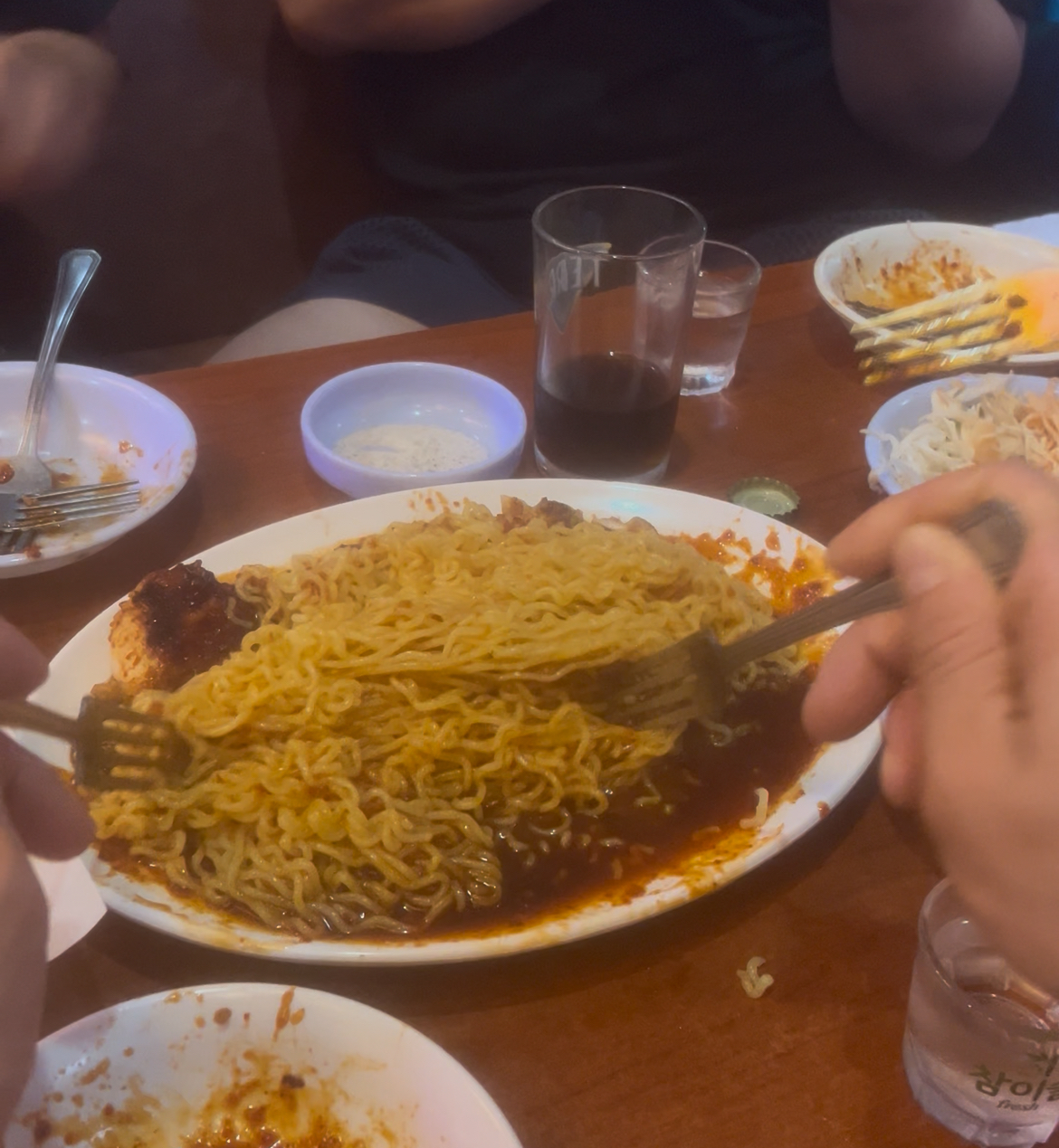 Ramen noodles cooked in chicken sauce