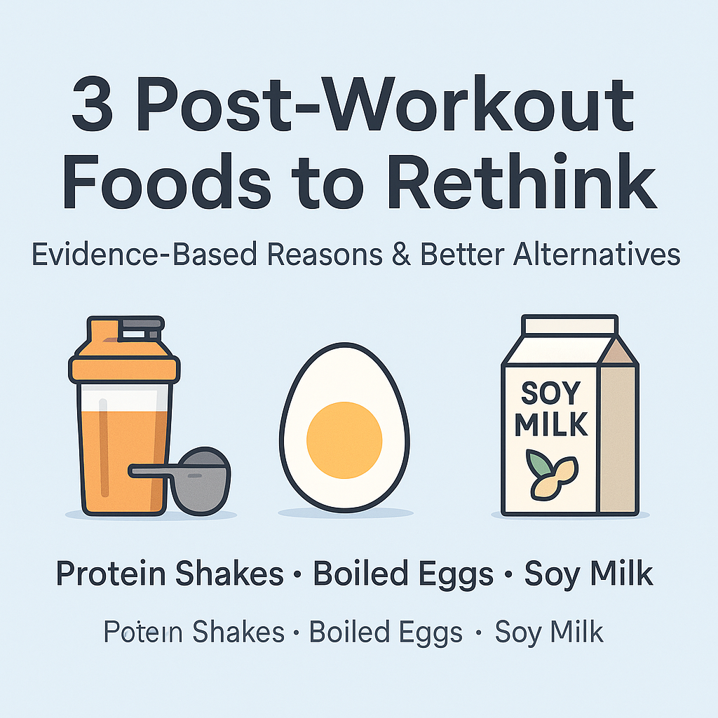 An assortment of post-workout foods including a protein shake, eggs, soy milk, and fruit.