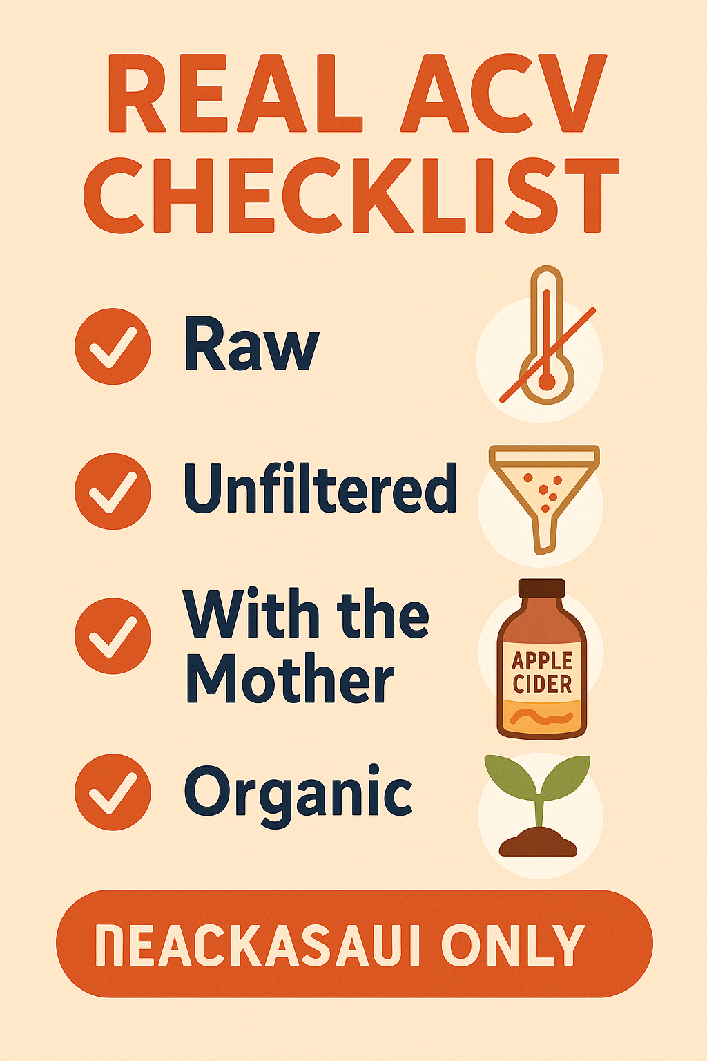 A hand holding a bottle of organic, raw, unfiltered apple cider vinegar with 'the mother' visible.