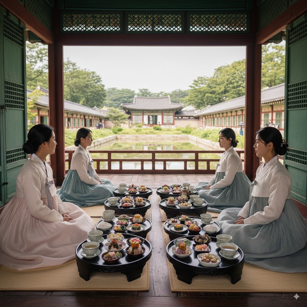 A person enjoying traditional Korean desserts at Gyeongbokgung Saenggwabang, dressed in Hanbok.