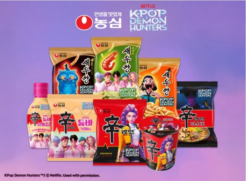 K-Pop Demon Hunters characters on Shin Ramyun and Saewookkang packaging