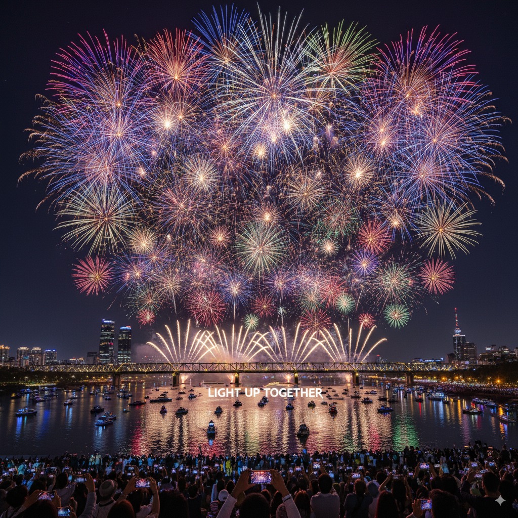 A large crowd enjoying the fireworks at Yeouido Hangang Park.