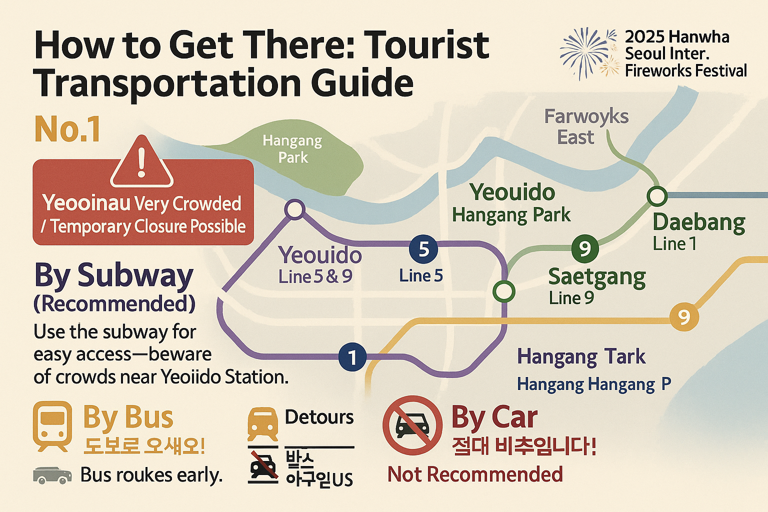 Map of the Seoul Fireworks Festival area, showing key viewing spots and subway stations.