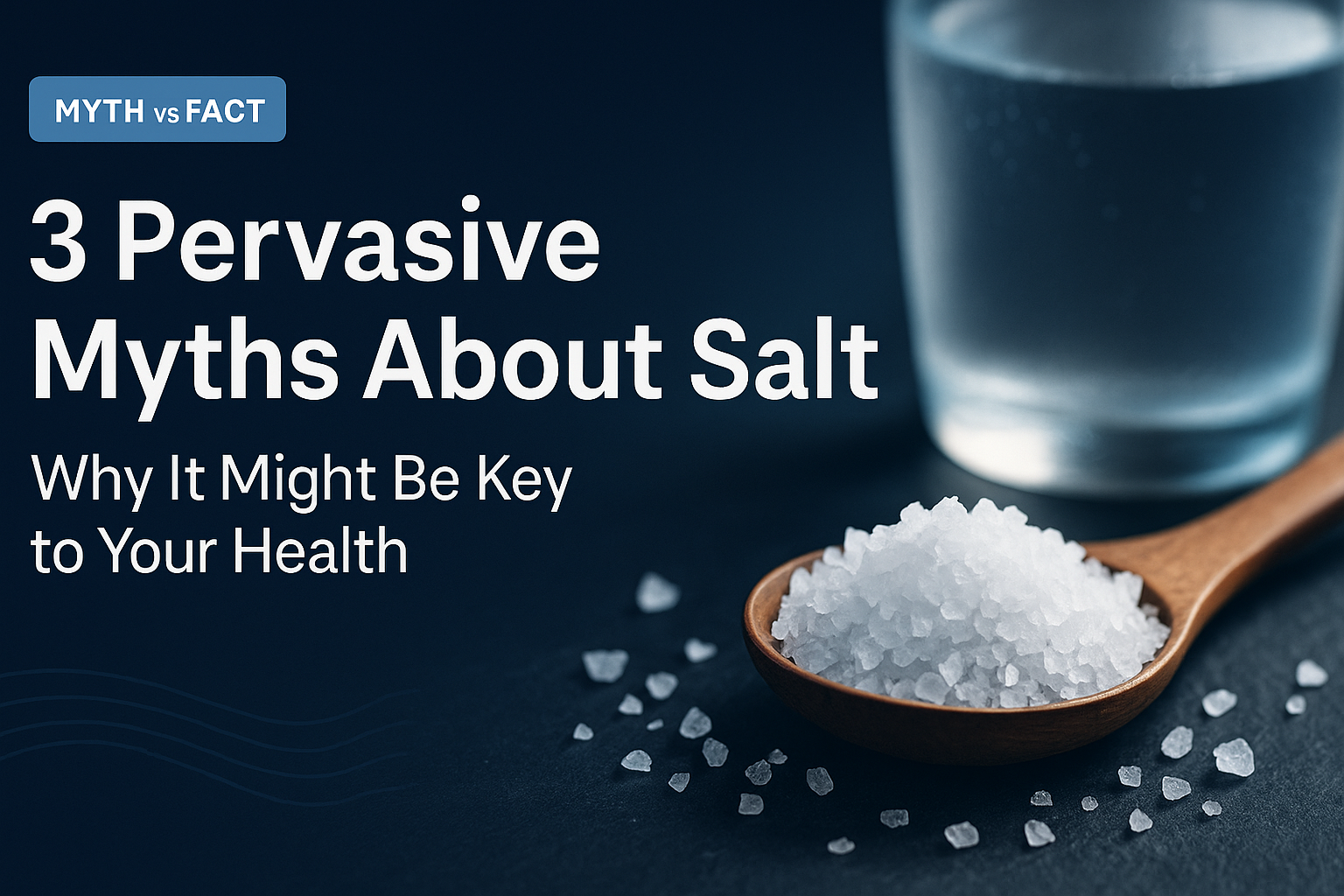 An eye-catching title image featuring a glass of salt water and natural salt crystals, with the text 'Salt Myths Debunked'.