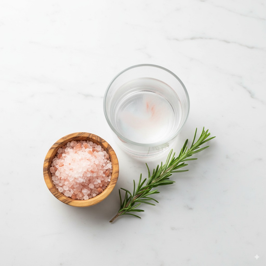 A serene morning scene with a glass of salt water illuminated by sunlight.