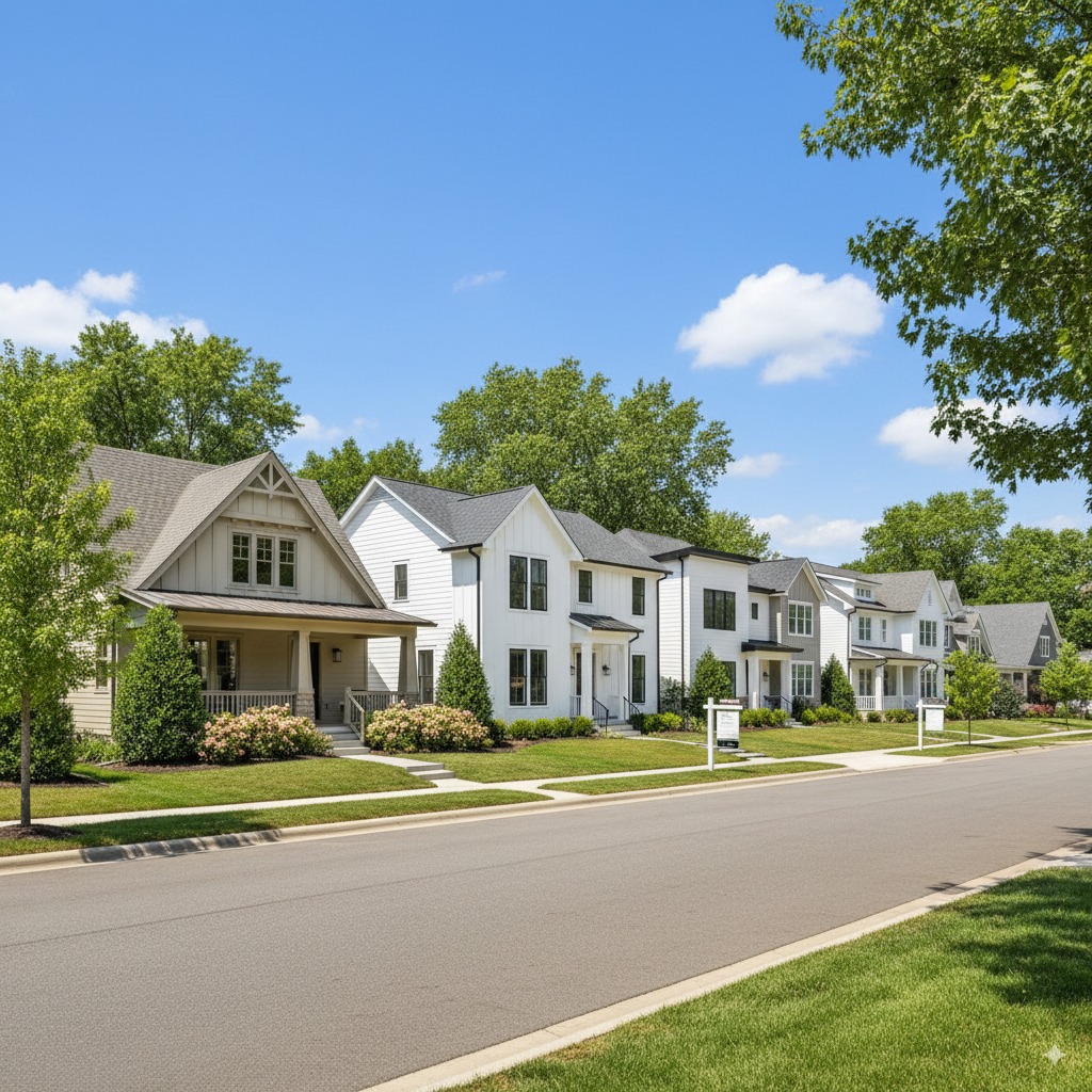 A picturesque suburban street with several 'For Sale' signs, symbolizing increased housing inventory.